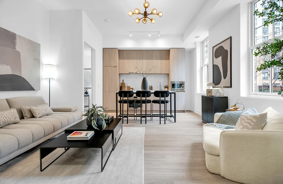 The Garden District Condominium interior showing family room and kitchen